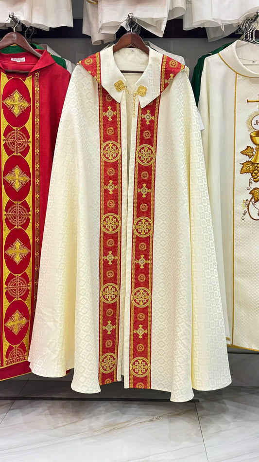 Catholic Cope White Red Gold Embroidered Priest Cloak Custom Liturgical Cape Handmade Church Vestment Clergy Robe Gift