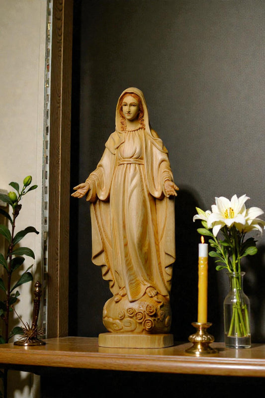 Hand Carved Wooden Our Lady of Grace Statue, Catholic Home Altar Decor (40cm/15.7in)