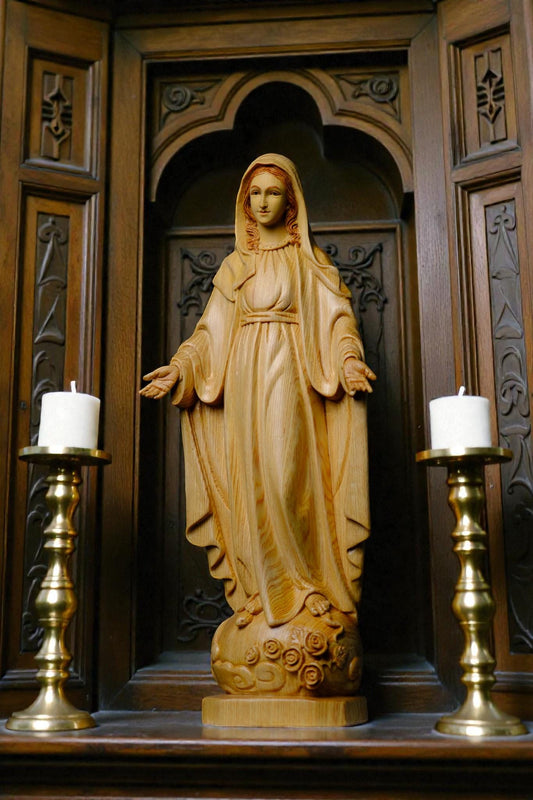 Hand Carved Wooden Our Lady of Grace Statue, Catholic Home Altar Decor (40cm/15.7in)