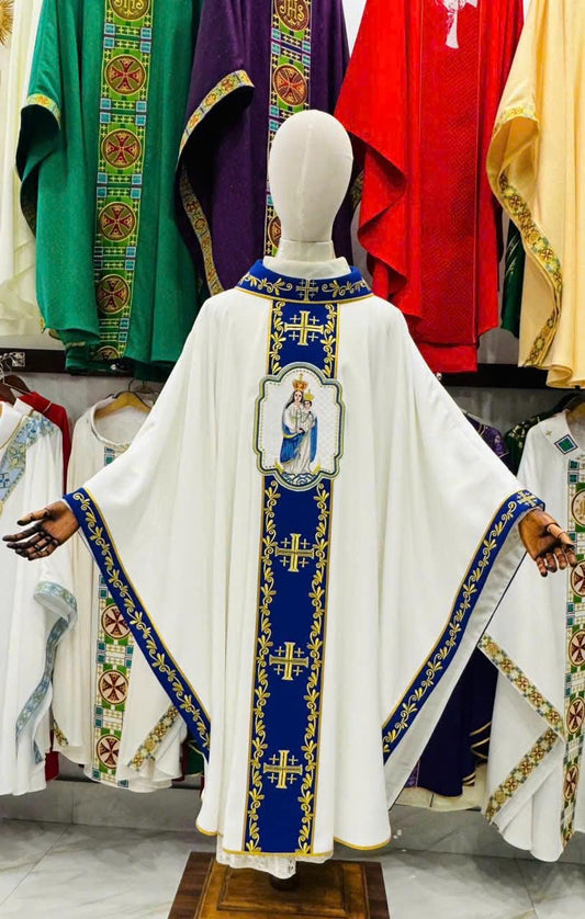Hand-Embroidered Marian Chasuble: Catholic Vestment with Gold Cross