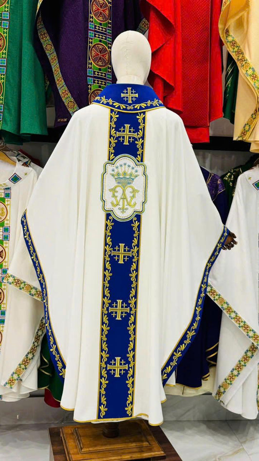 Hand-Embroidered Marian Chasuble: Catholic Vestment with Gold Cross