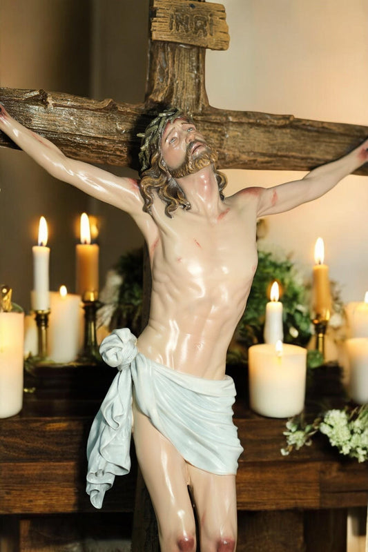 Hand-Painted Jesus Crucifix Statue: Stone Resin Antique Finish INRI Cross