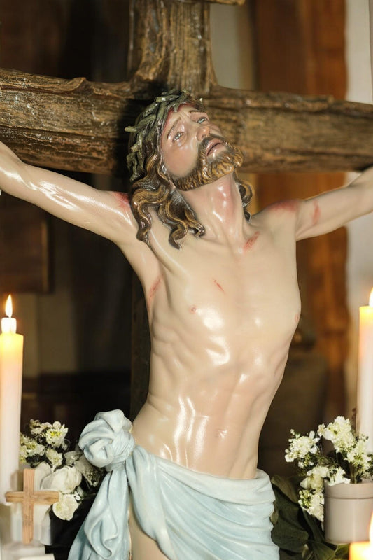 Hand-Painted Jesus Crucifix Statue: Stone Resin Antique Finish INRI Cross