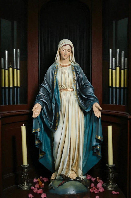 Hand-Painted Our Lady of Grace Statue: Antique Finish, Catholic Decor (25cm)