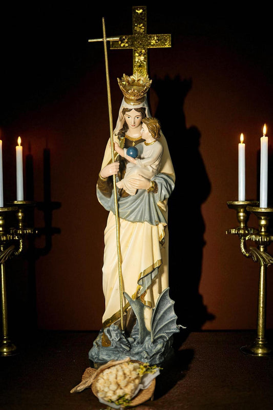 Hand-Painted Our Lady of the Apocalypse Statue: Virgin Mary, Child, Dragon
