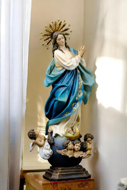 Handcrafted Virgin Mary Statue: Immaculate Conception, Gold Accents, Copper Crown