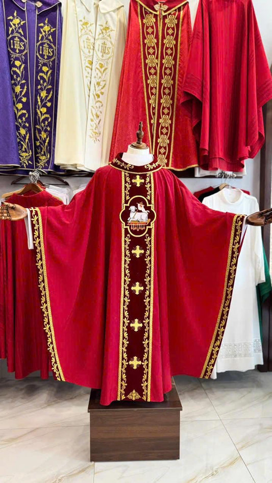 Handmade Red Catholic Chasuble: Velvet Lamb of God Vestment