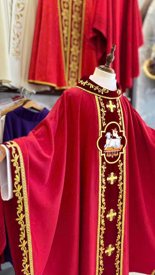 Handmade Red Catholic Chasuble: Velvet Lamb of God Vestment