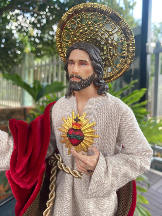 Handmade Sacred Heart of Jesus Statue: Velvet Vestments, Catholic Decor