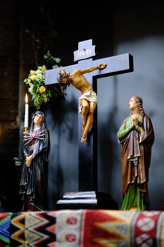 Catholic Altar Set with Jesus Crucifix Mary Sorrowful Mother Saint John Hand Painted Statues for Home Prayer __etsy:7543641646