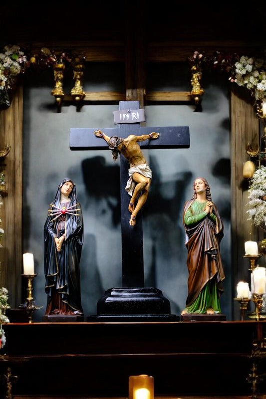 Catholic Altar Set with Jesus Crucifix Mary Sorrowful Mother Saint John Hand Painted Statues for Home Prayer __etsy:7591578463