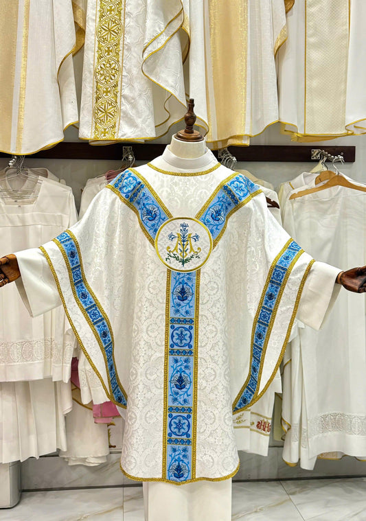 White Blue Gold Embroidered Chasuble: Priest Liturgical Vestment with IHS Symbol (etsy image id: 7913968504)