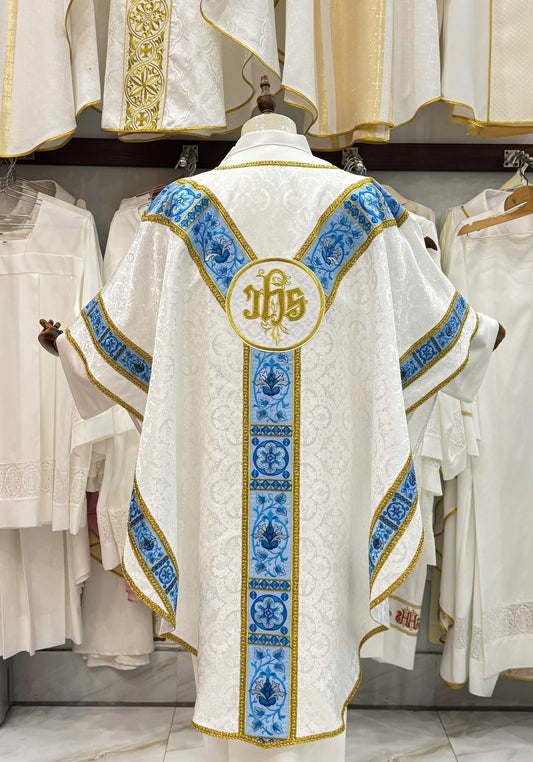 White Blue Gold Embroidered Chasuble: Priest Liturgical Vestment with IHS Symbol (etsy image id: 7913968506)