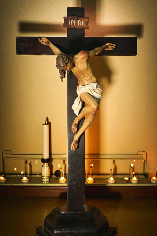 Hand-Painted Jesus Crucifix Statue with Base, Stone Resin, 45/55 cm
