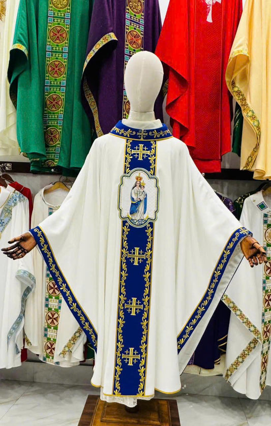 Hand-Embroidered Marian Chasuble: Catholic Vestment with Gold Cross