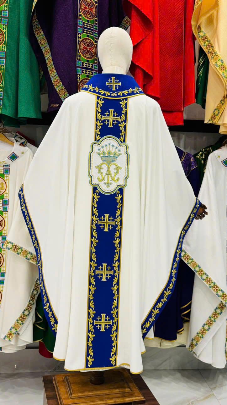 Hand-Embroidered Marian Chasuble: Catholic Vestment with Gold Cross