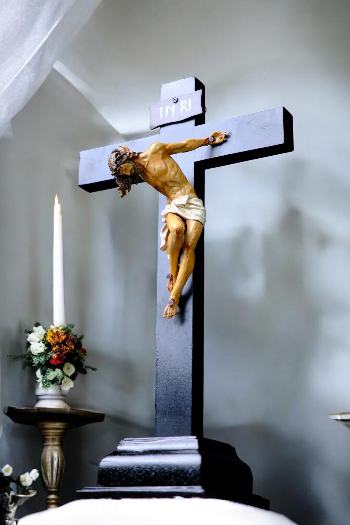 Hand-Painted Altar Crucifix: Wood Cross with Stone Resin Corpus
