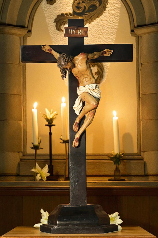 Hand-Painted Altar Crucifix: Wood Cross with Stone Resin Corpus