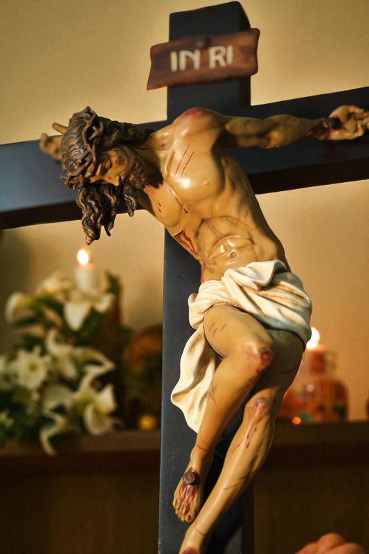Hand-Painted Altar Crucifix: Wood Cross with Stone Resin Corpus