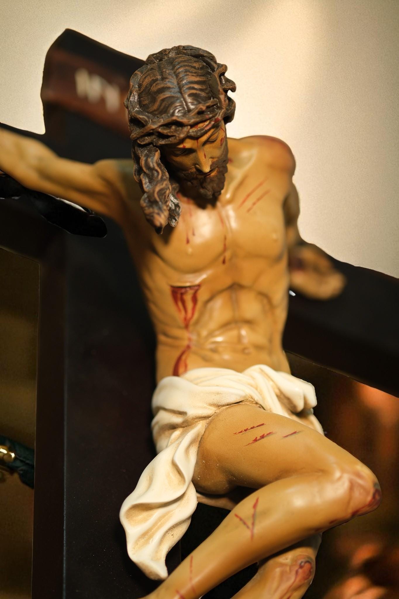 Hand-Painted Altar Crucifix: Wood Cross with Stone Resin Corpus