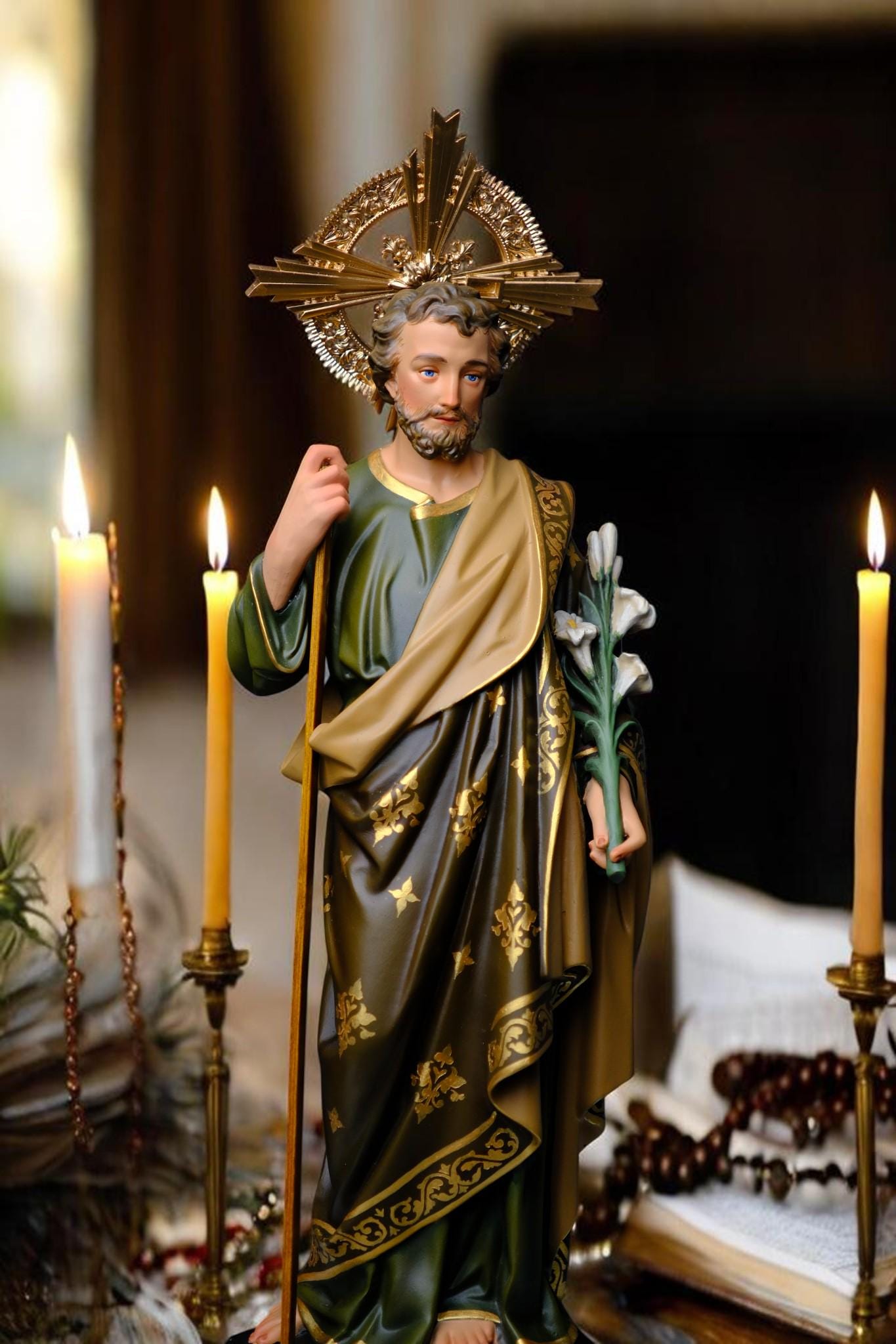 Hand-Painted Saint Joseph Lily Statue (40cm) | Catholic Home Decor