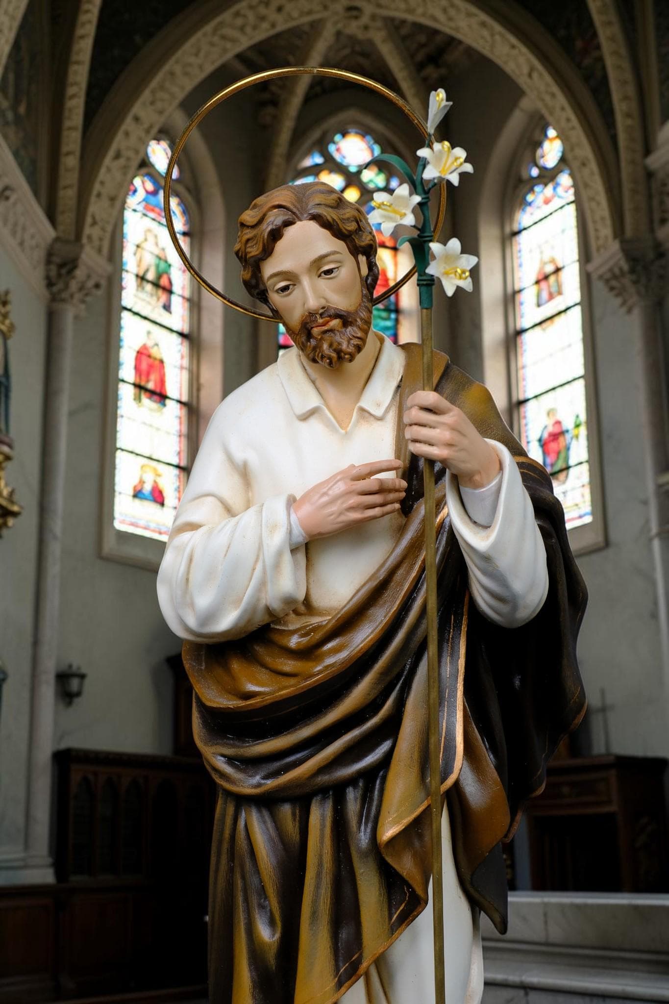 Hand-Painted St. Joseph Statue with Lily, Catholic Religious Home Decor, Stone Resin Altar Figure __etsy:8143741920