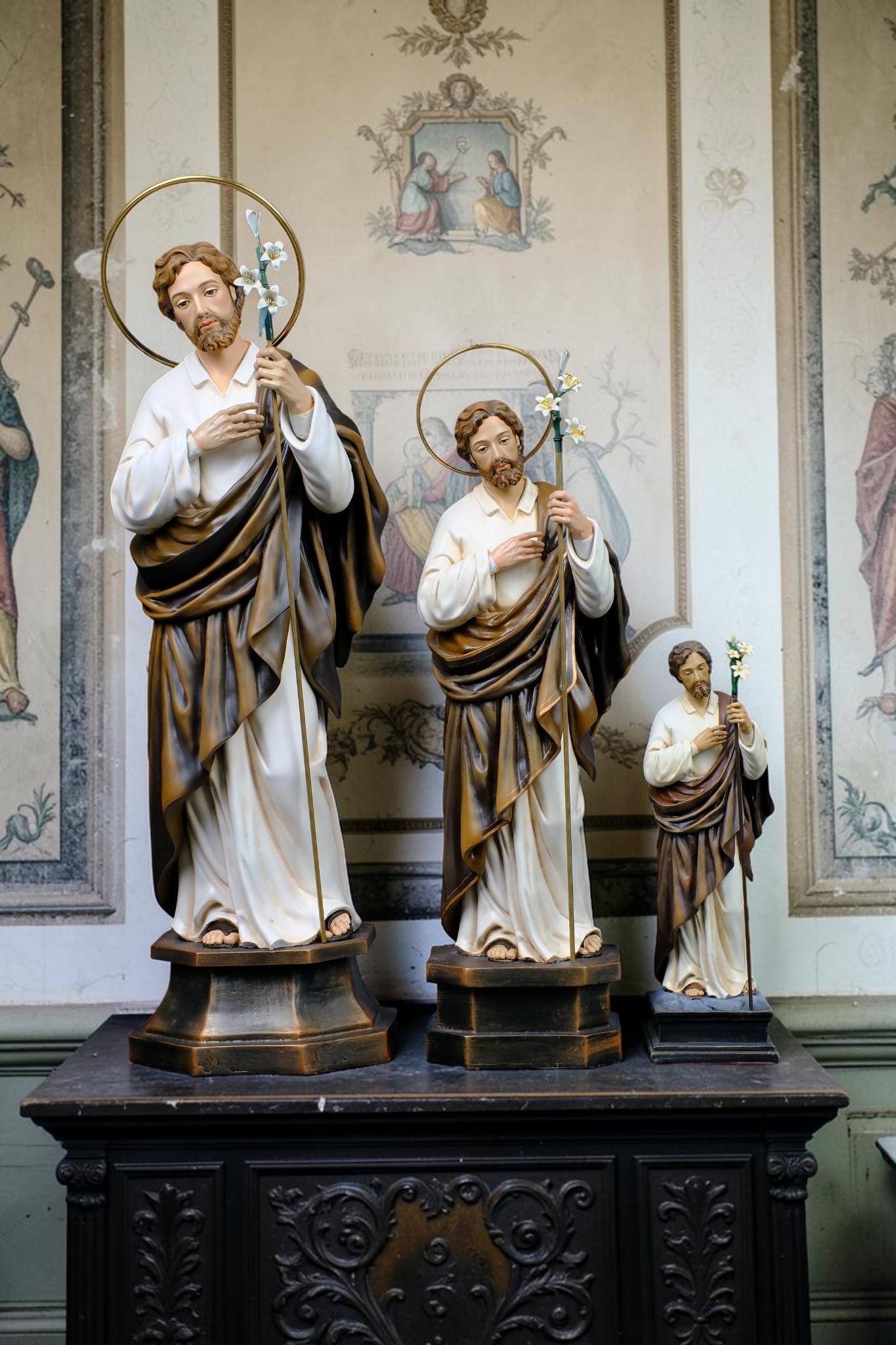 Hand-Painted St. Joseph Statue with Lily, Catholic Religious Home Decor, Stone Resin Altar Figure __etsy:8191649597