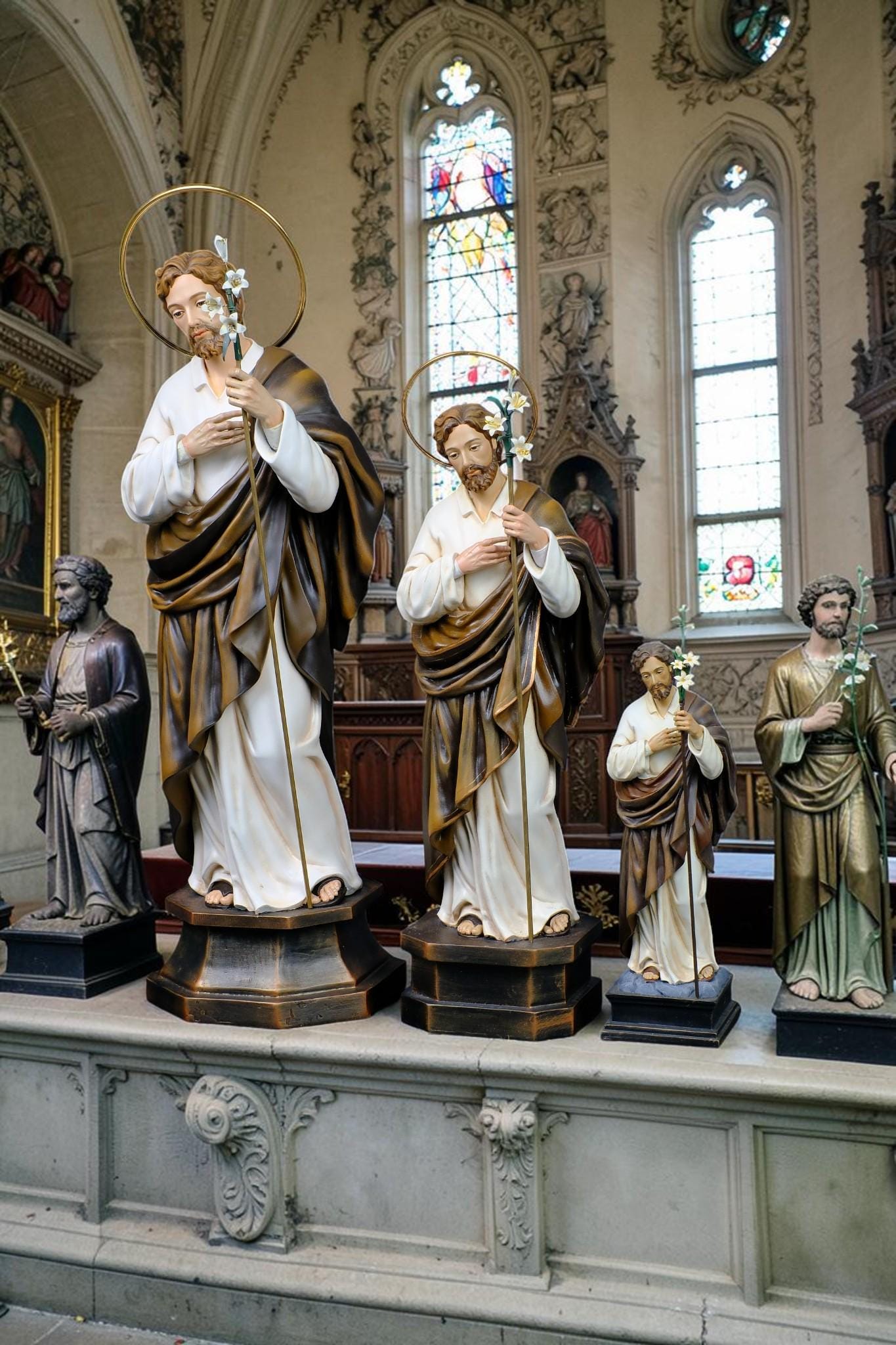 Hand-Painted St. Joseph Statue with Lily, Catholic Religious Home Decor, Stone Resin Altar Figure __etsy:8143746638