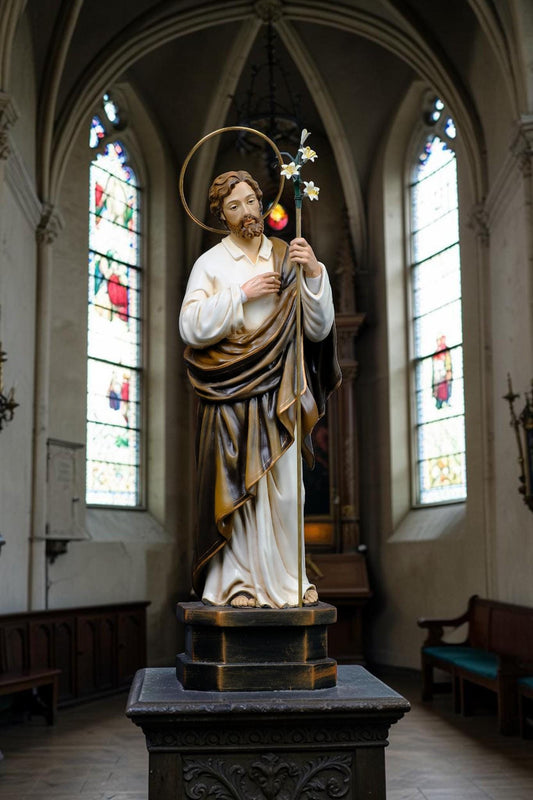 Hand-Painted St. Joseph Statue with Lily, Catholic Religious Home Decor, Stone Resin Altar Figure __etsy:8191650437