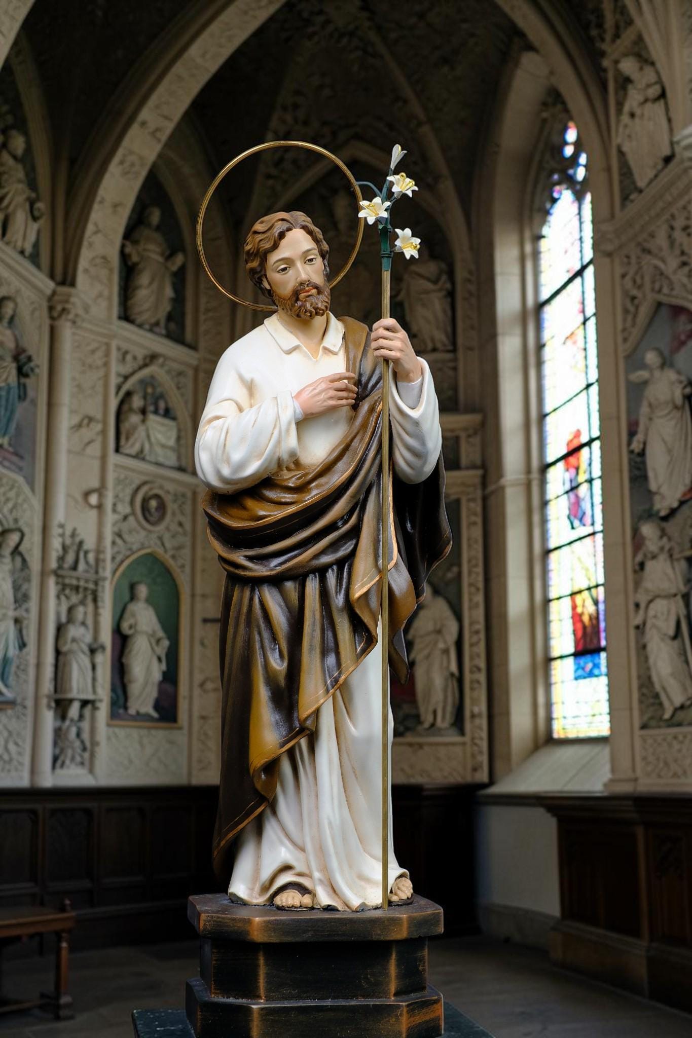 Hand-Painted St. Joseph Statue with Lily, Catholic Religious Home Decor, Stone Resin Altar Figure __etsy:8191642805