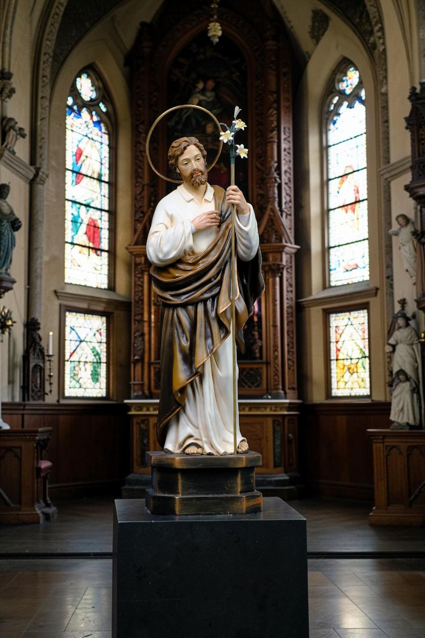 Hand-Painted St. Joseph Statue with Lily, Catholic Religious Home Decor, Stone Resin Altar Figure __etsy:8143739814