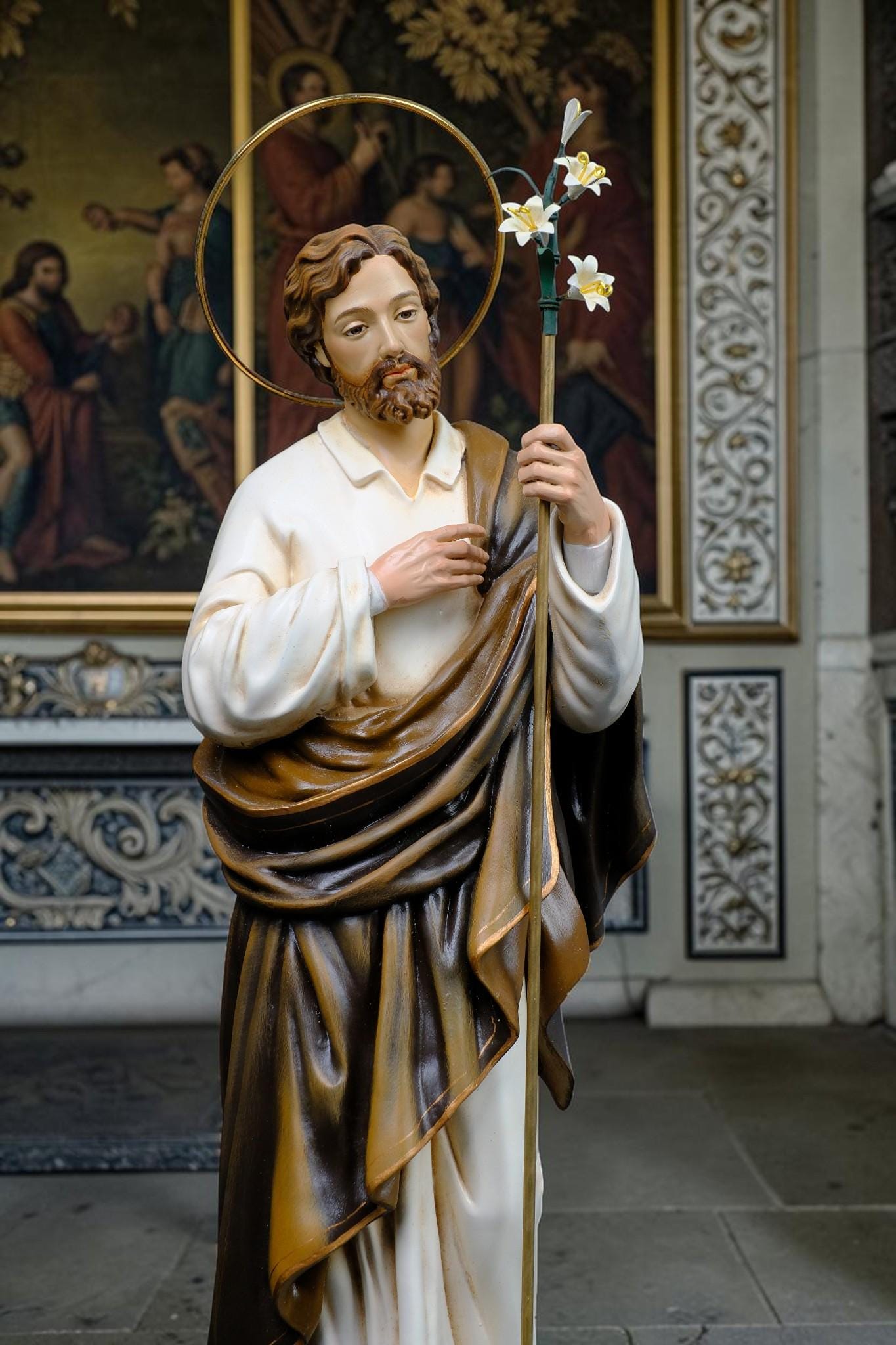 Hand-Painted St. Joseph Statue with Lily, Catholic Religious Home Decor, Stone Resin Altar Figure __etsy:8191642807