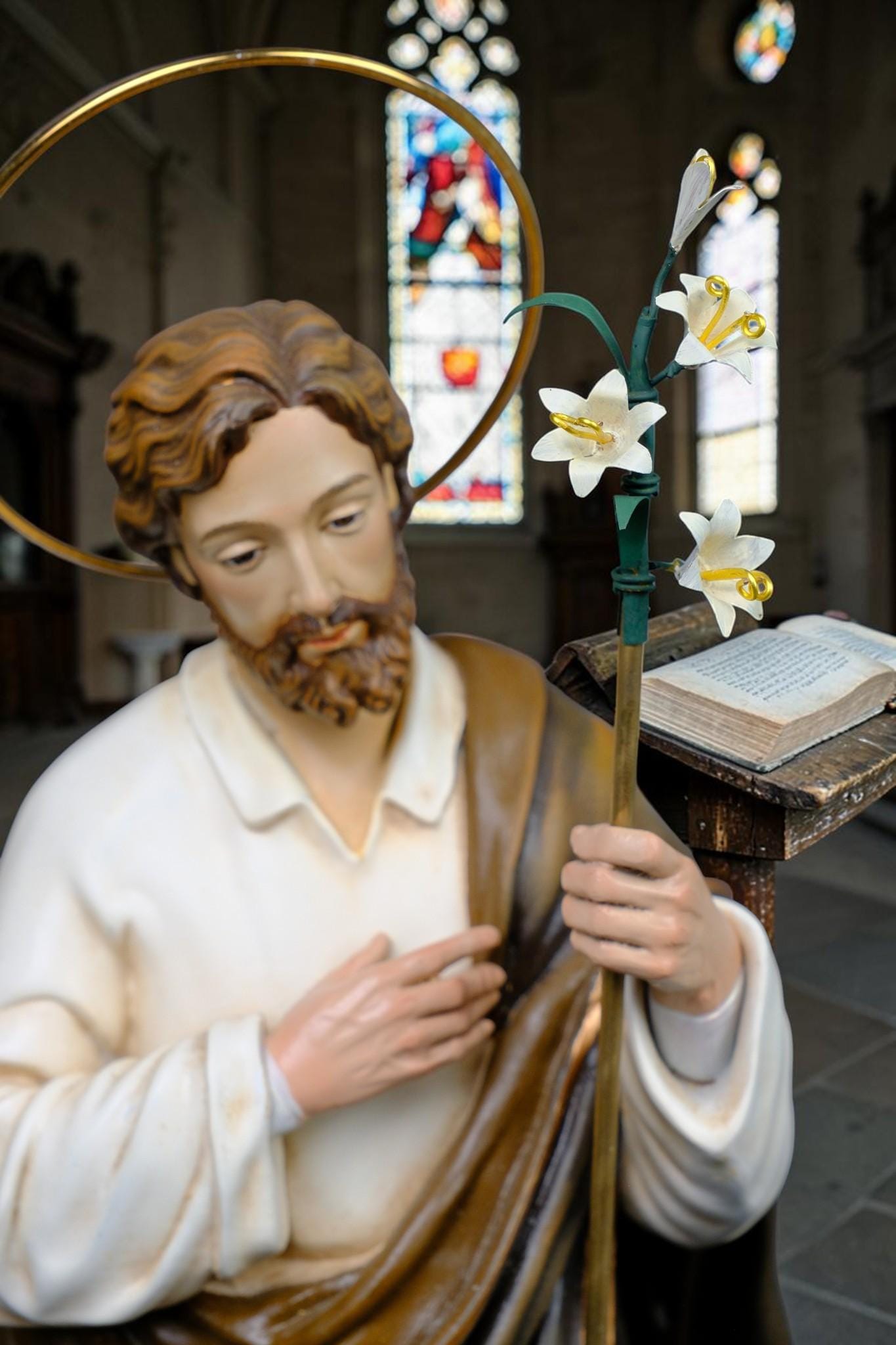 Hand-Painted St. Joseph Statue with Lily, Catholic Religious Home Decor, Stone Resin Altar Figure __etsy:8191644903
