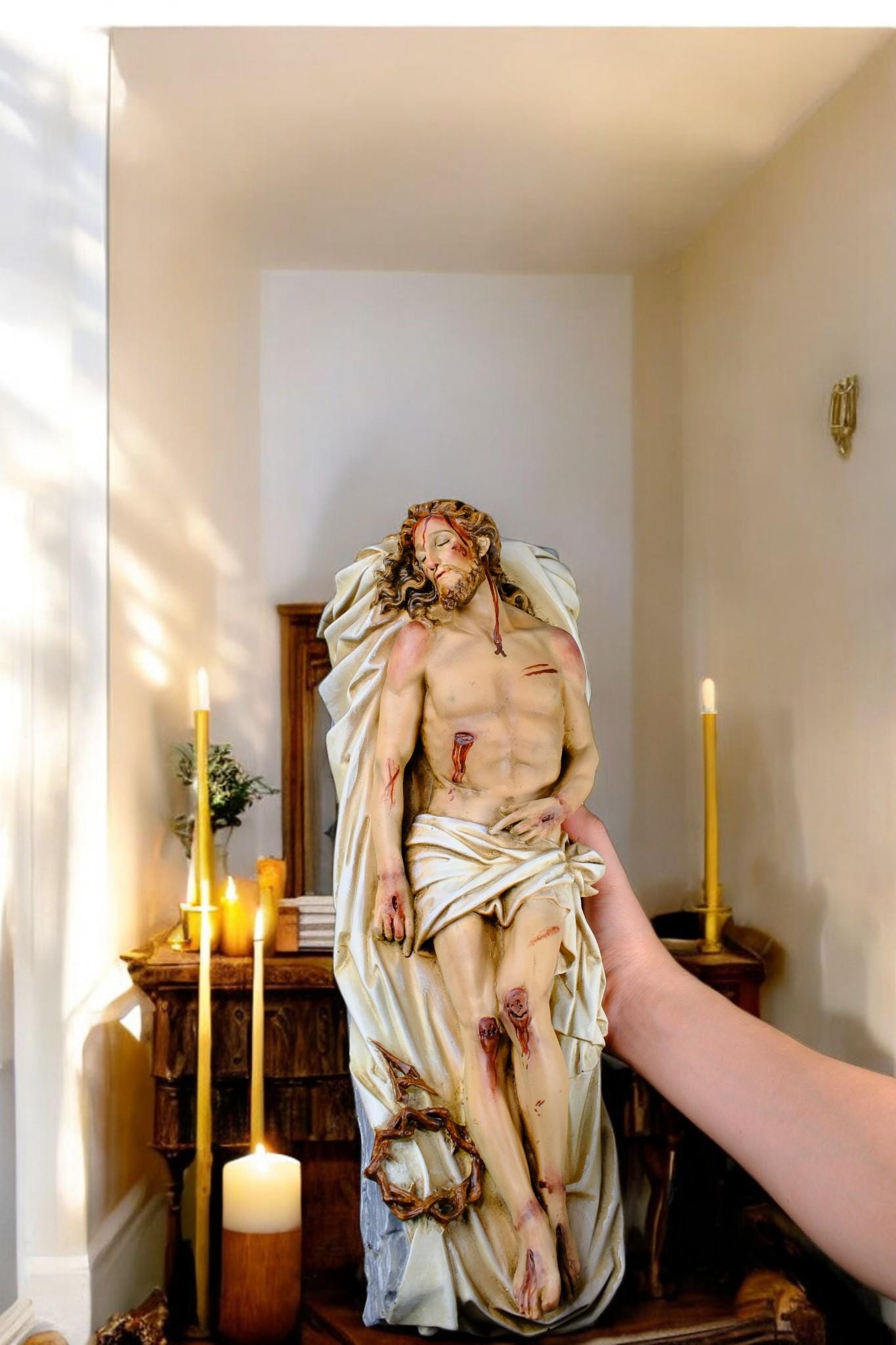 Handcrafted Jesus Entombment Statue: Antique-Style Catholic Figurine