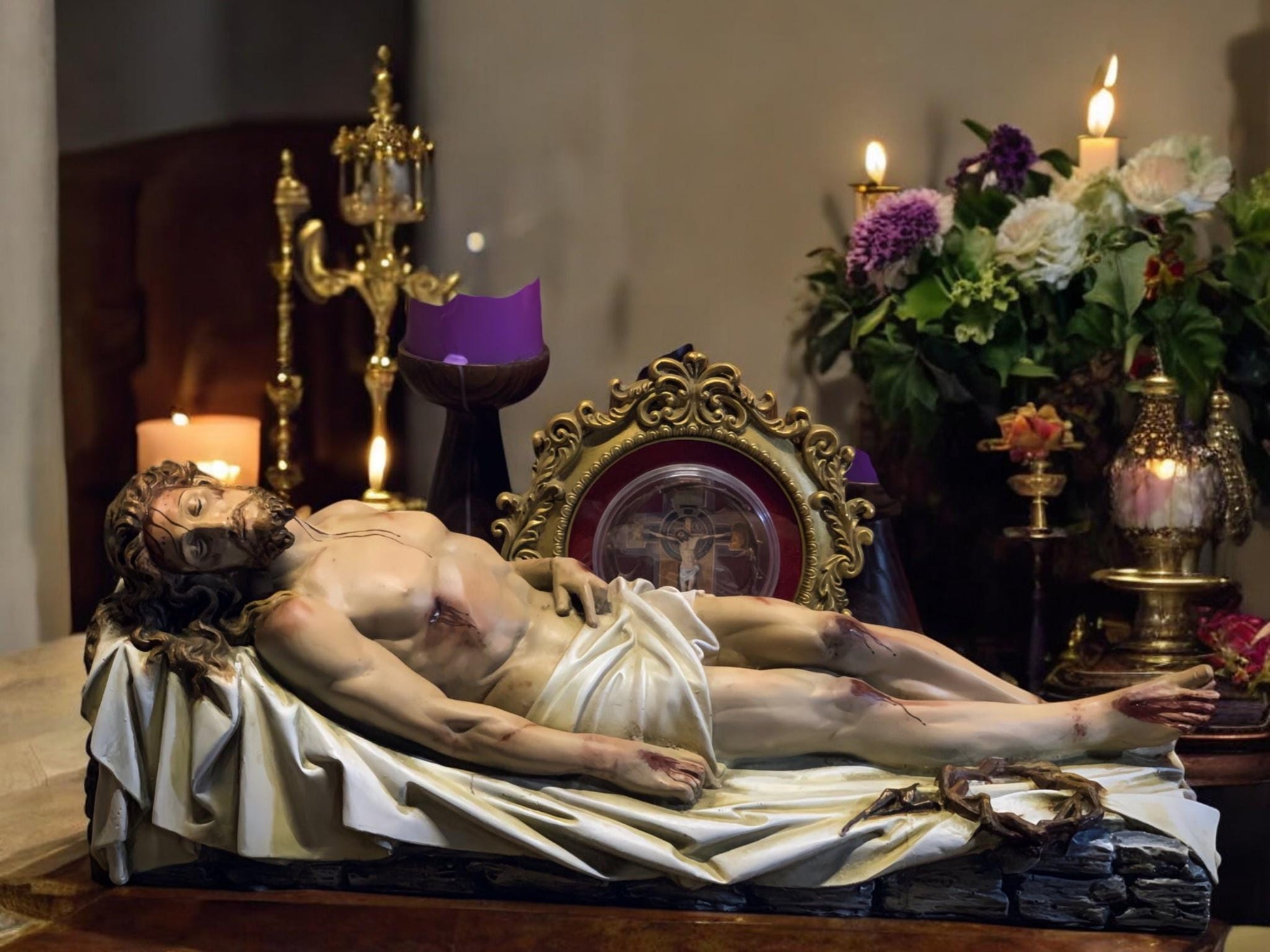 Handcrafted Jesus Entombment Statue: Antique-Style Catholic Figurine