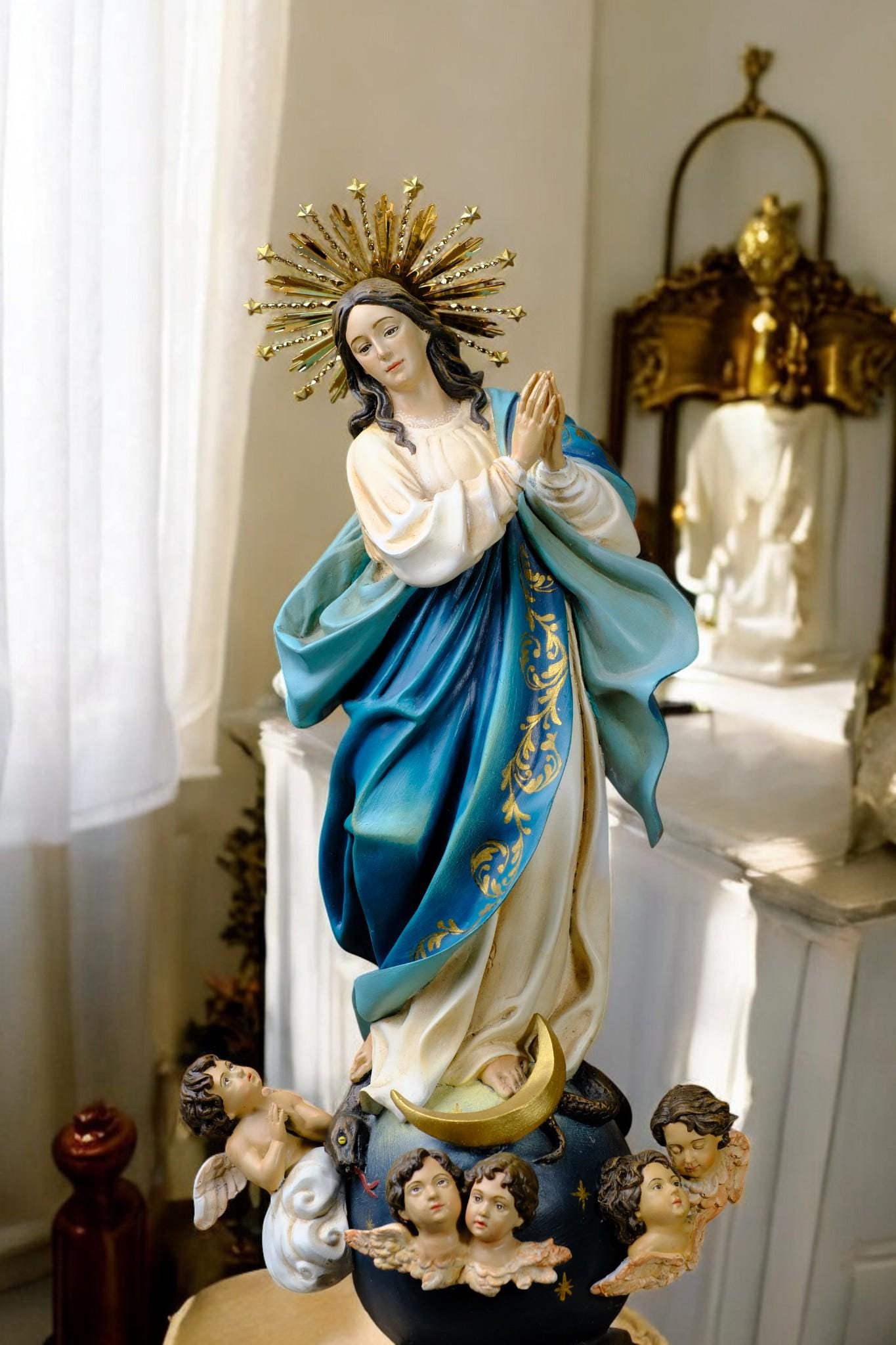 Handcrafted Virgin Mary Statue: Immaculate Conception, Gold Accents, Copper Crown