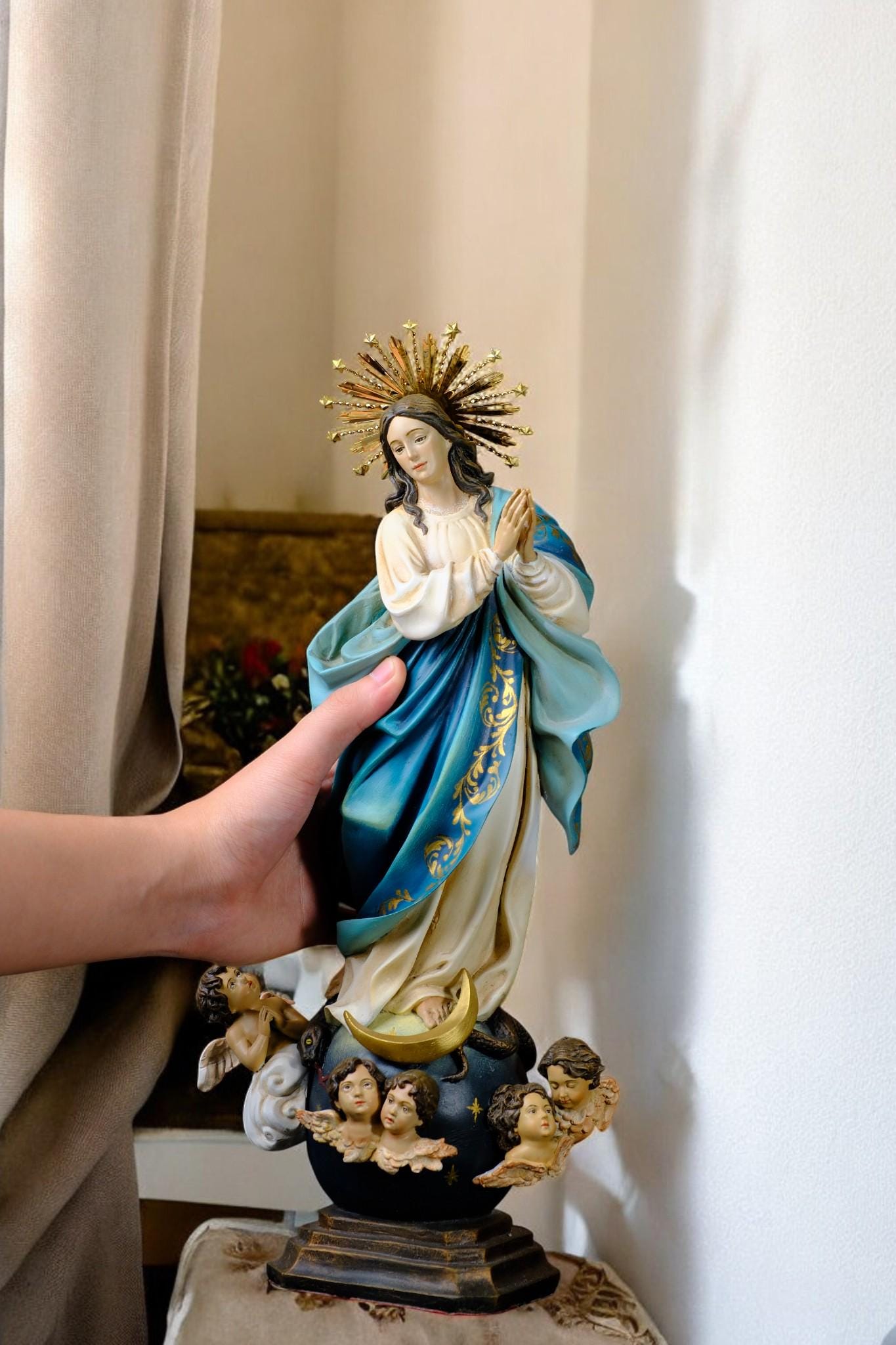 Handcrafted Virgin Mary Statue: Immaculate Conception, Gold Accents, Copper Crown