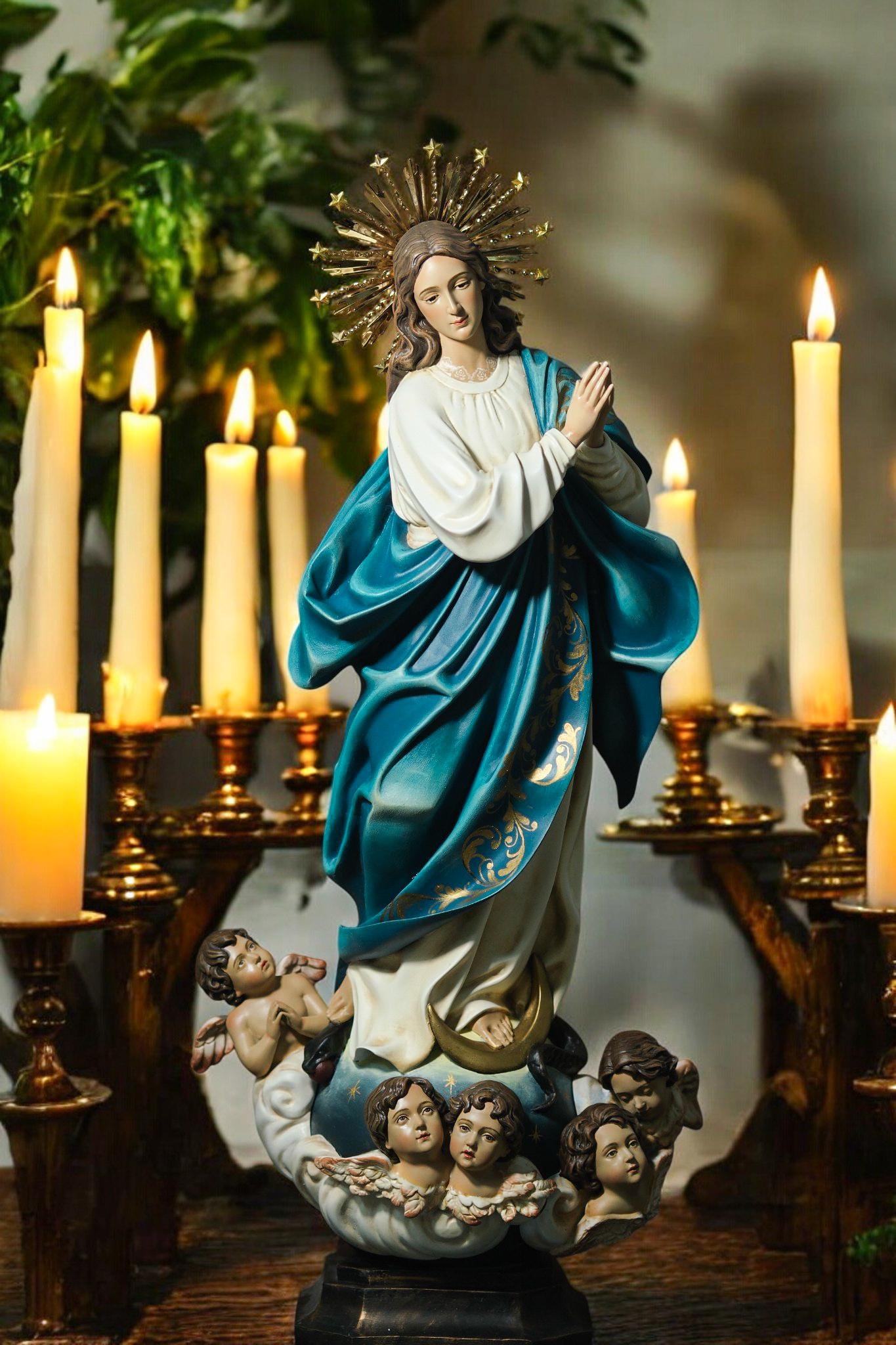 Handcrafted Virgin Mary Statue: Immaculate Conception, Gold Accents, Copper Crown