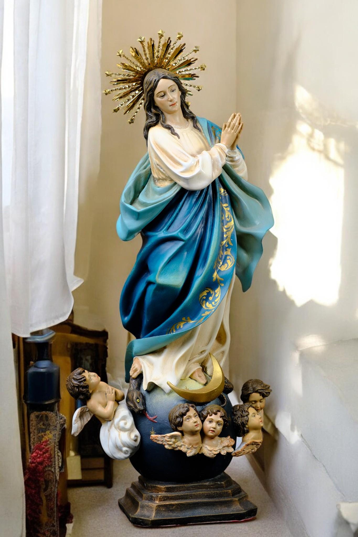 Handcrafted Virgin Mary Statue: Immaculate Conception, Gold Accents, Copper Crown