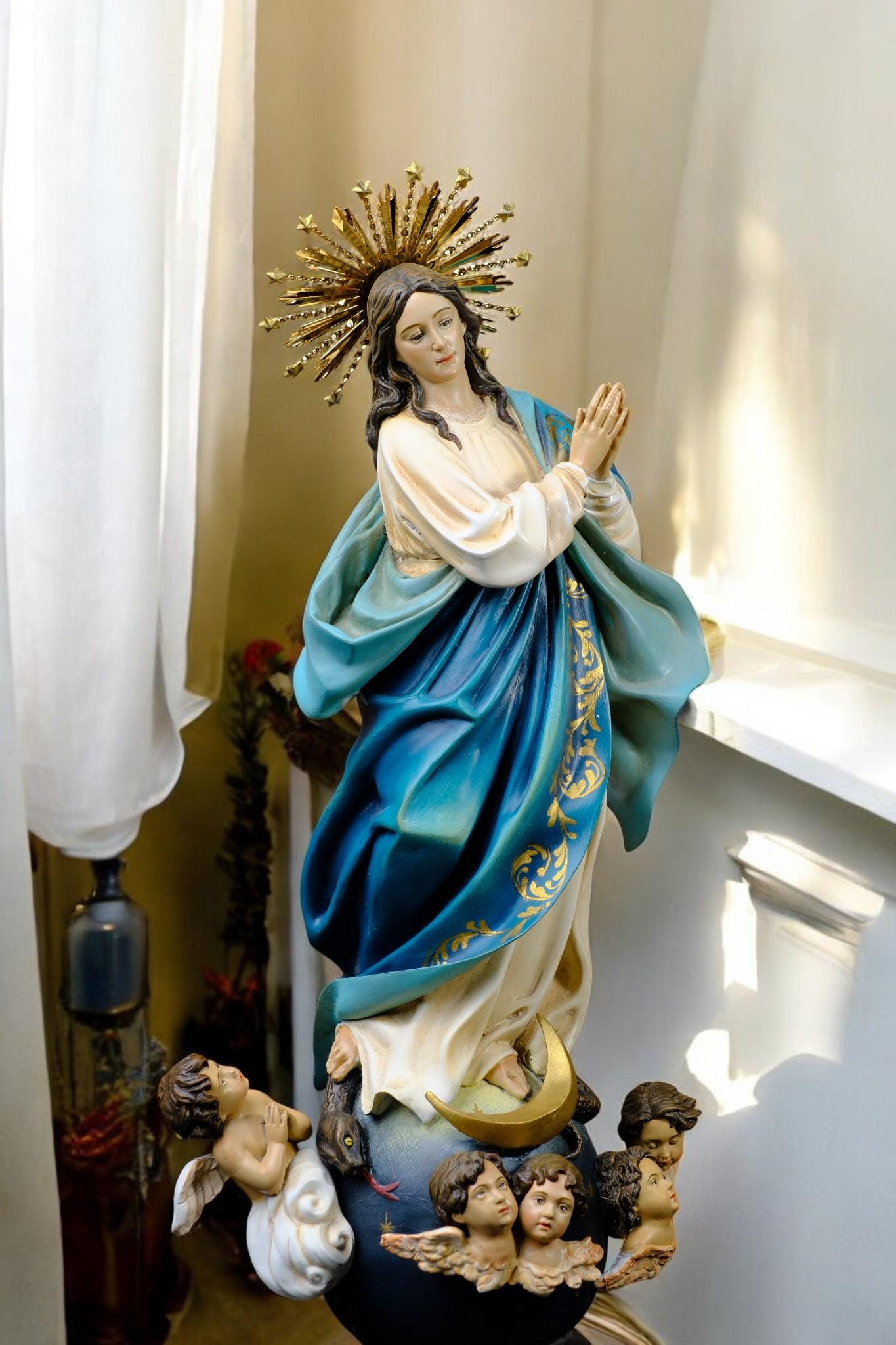 Handcrafted Virgin Mary Statue: Immaculate Conception, Gold Accents, Copper Crown