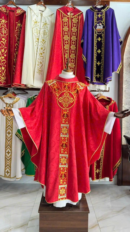 Handmade Catholic Chasuble  Red Liturgical Vestment with Gold Embroidery for Holy Mass