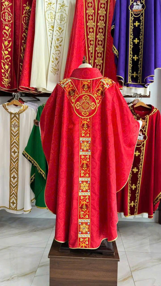 Handmade Catholic Chasuble  Red Liturgical Vestment with Gold Embroidery for Holy Mass