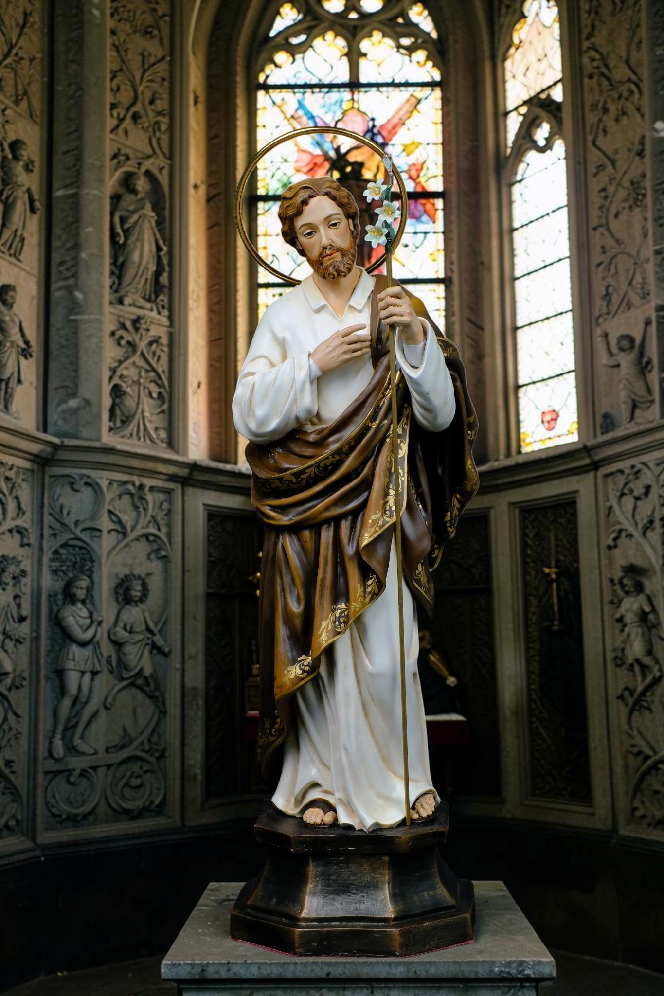 Handmade St. Joseph Statue with Lily, 50cm Antique Dusty Finish, Stone Resin Figurine __etsy:8143791860