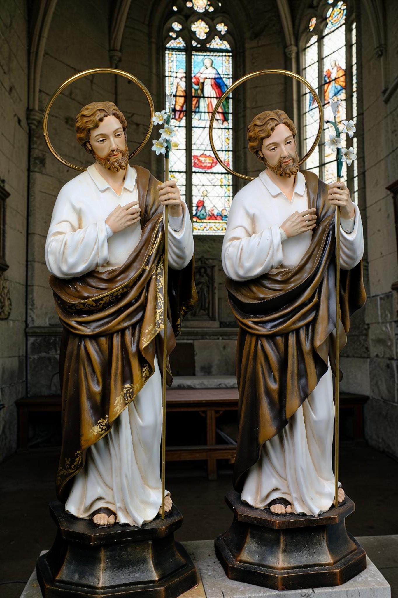 Handmade St. Joseph Statue with Lily, 50cm Antique Dusty Finish, Stone Resin Figurine __etsy:8143788692