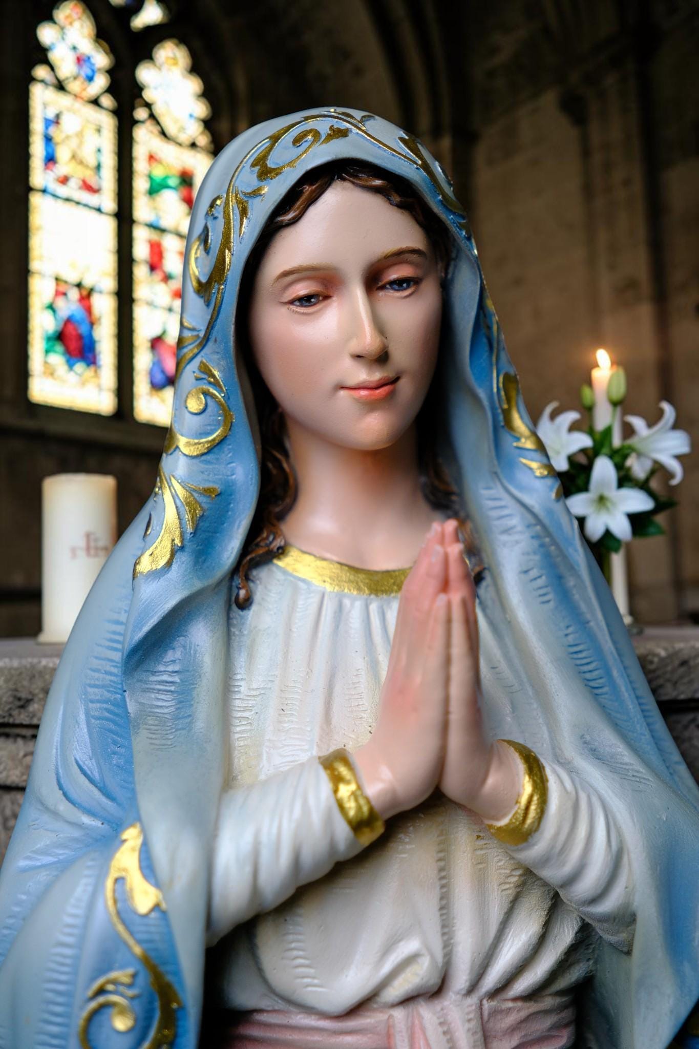 Our Lady of Lourdes Statue, Hand-Painted Catholic Figurine, Religious Decor, Prayer Altar Piece __etsy:7990483744