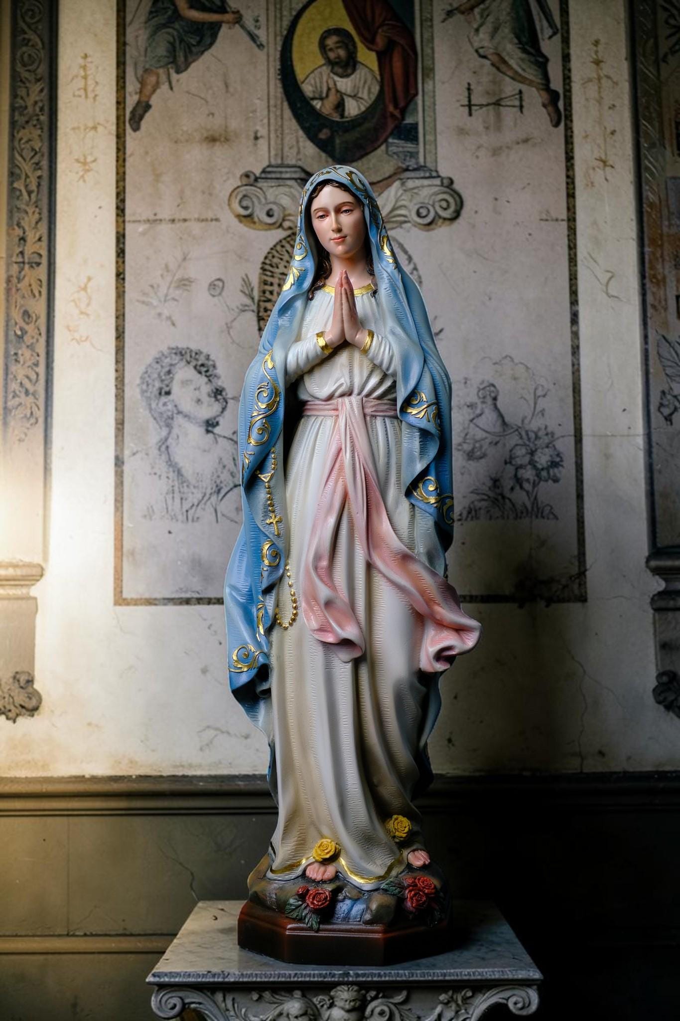 Our Lady of Lourdes Statue, Hand-Painted Catholic Figurine, Religious Decor, Prayer Altar Piece __etsy:8038426287