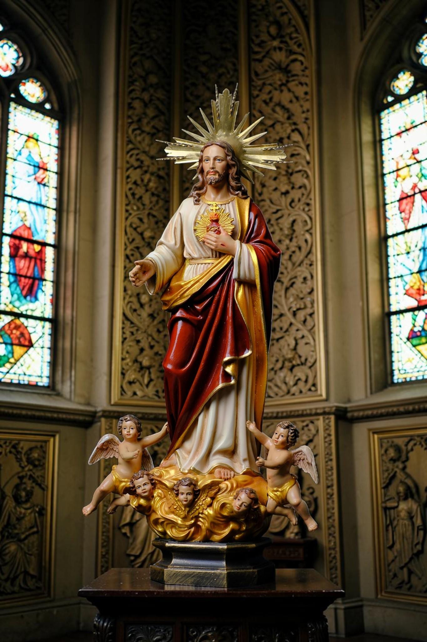 Sacred Heart of Jesus Statue with Angels, Handmade Catholic Statue, Religious Home Altar Decor, Christian Gift, 35cm 60cm __etsy:8162336574