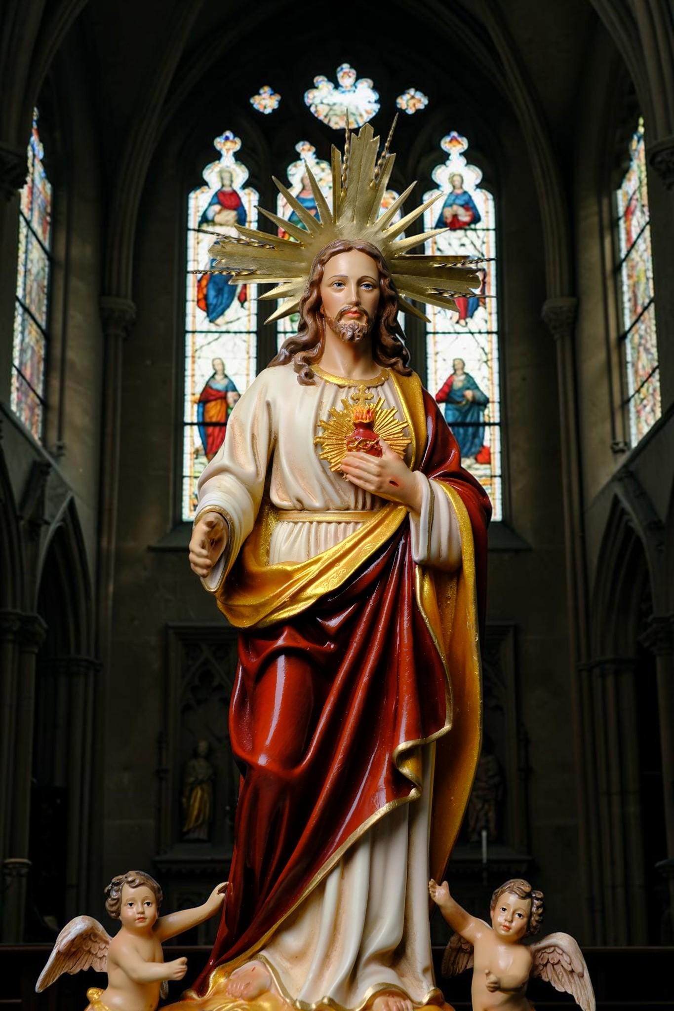 Sacred Heart of Jesus Statue with Angels, Handmade Catholic Statue, Religious Home Altar Decor, Christian Gift, 35cm 60cm __etsy:8162331454