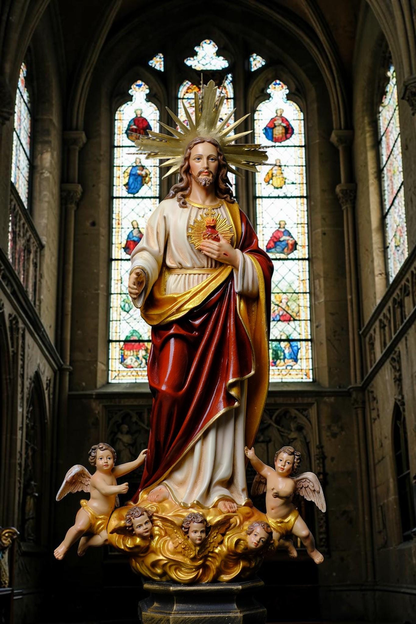 Sacred Heart of Jesus Statue with Angels, Handmade Catholic Statue, Religious Home Altar Decor, Christian Gift, 35cm 60cm __etsy:8162331458