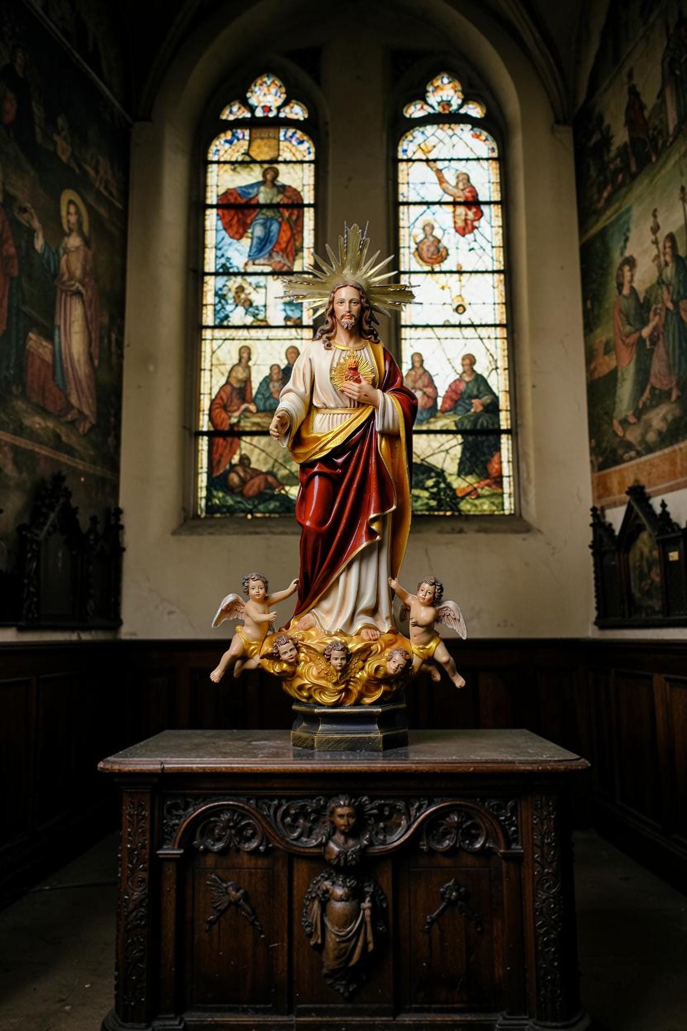 Sacred Heart of Jesus Statue with Angels, Handmade Catholic Statue, Religious Home Altar Decor, Christian Gift, 35cm 60cm __etsy:8210263481